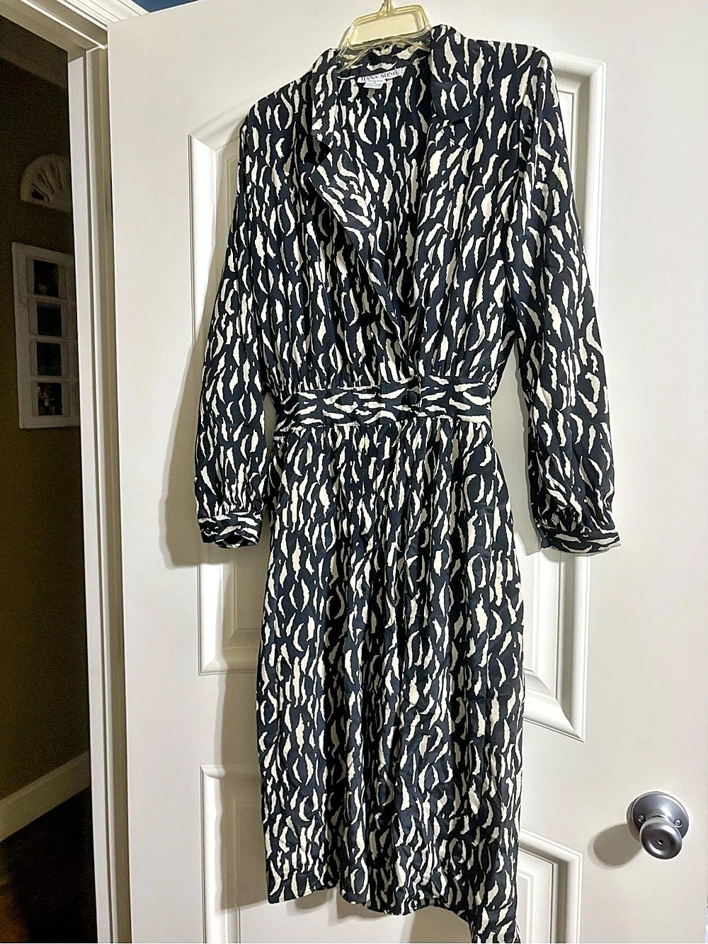 Hana Sung Animal Print Wrap Midi Dress in Black & Cream Like New